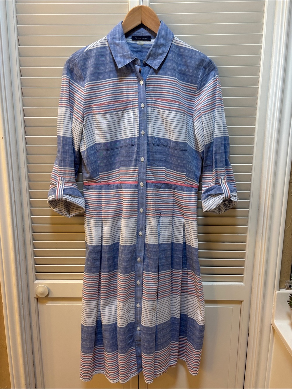 Tommy Hilfiger Blue, White & Red Striped Casual Button-Down Shirt Dress